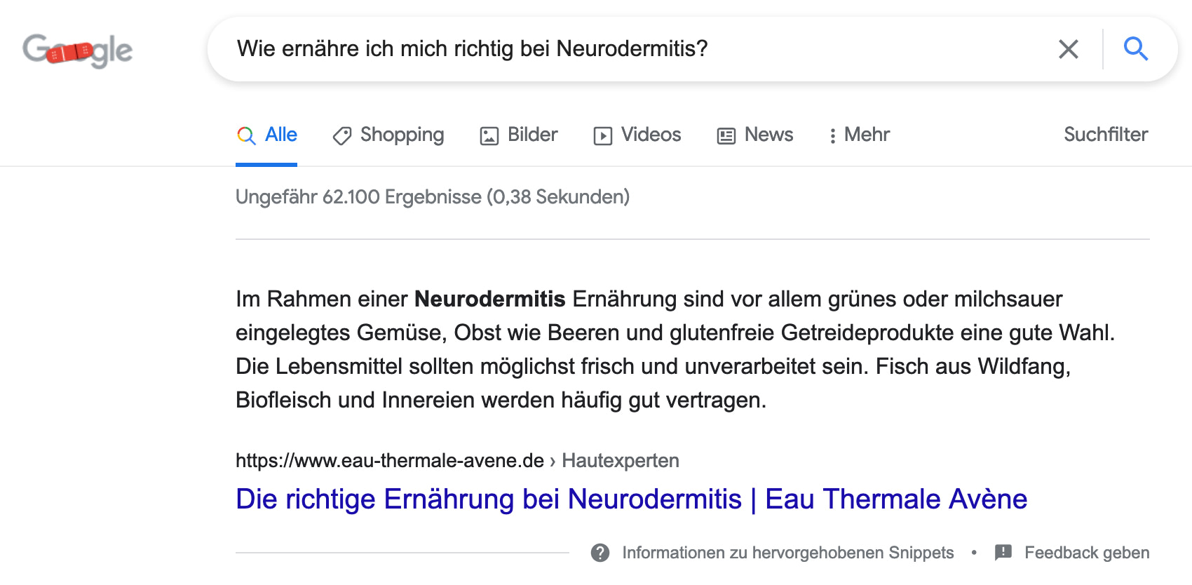 SEO Mythos Beispiel: Google Features Snippet Antwort auf die Suchanfrage: Wie ernähre ich mich richtig bei Neurodermitis?